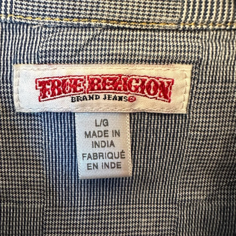 True Religion Size Large Checkerboard Chambray Blue Long Sleeve Western Shirt‎